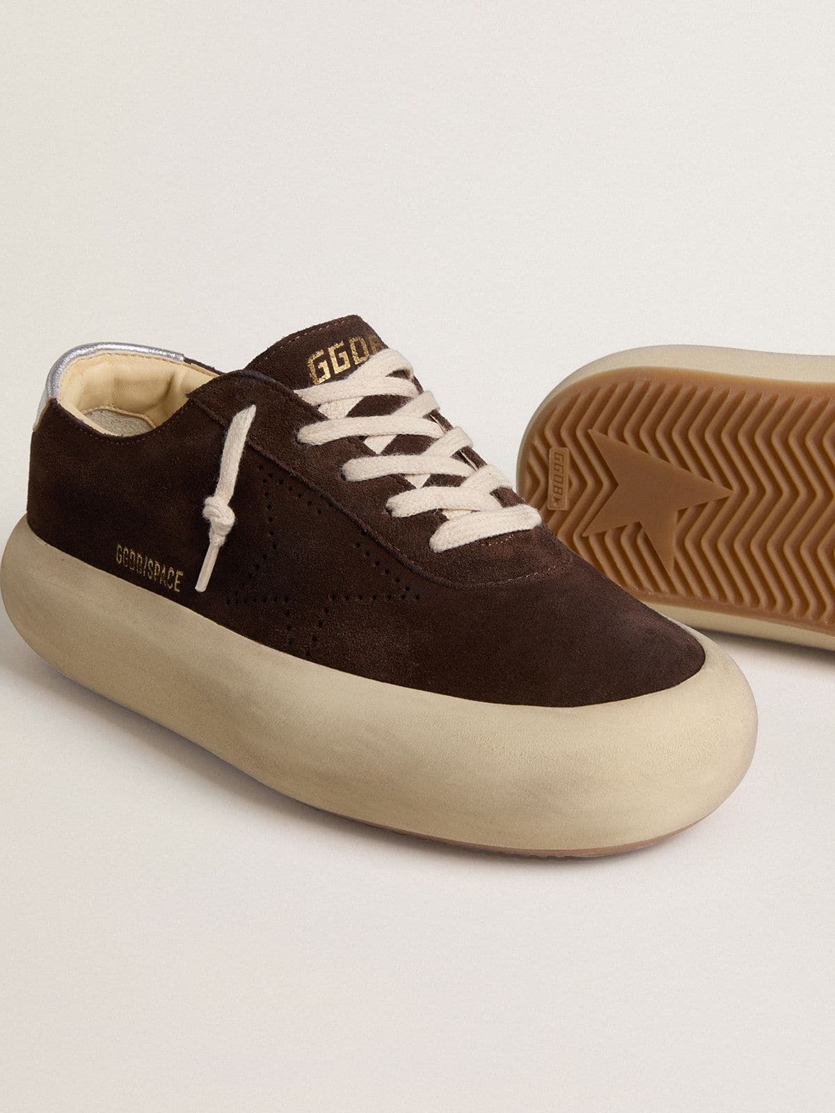 Golden Goose Mens Space-Star In Dark Brown Suede With Metallic Silver Heel Tab Mens