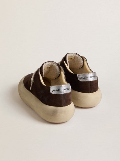 Golden Goose Mens Space-Star In Dark Brown Suede With Metallic Silver Heel Tab Mens