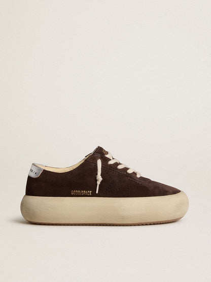 Golden Goose Mens Space-Star In Dark Brown Suede With Metallic Silver Heel Tab Mens