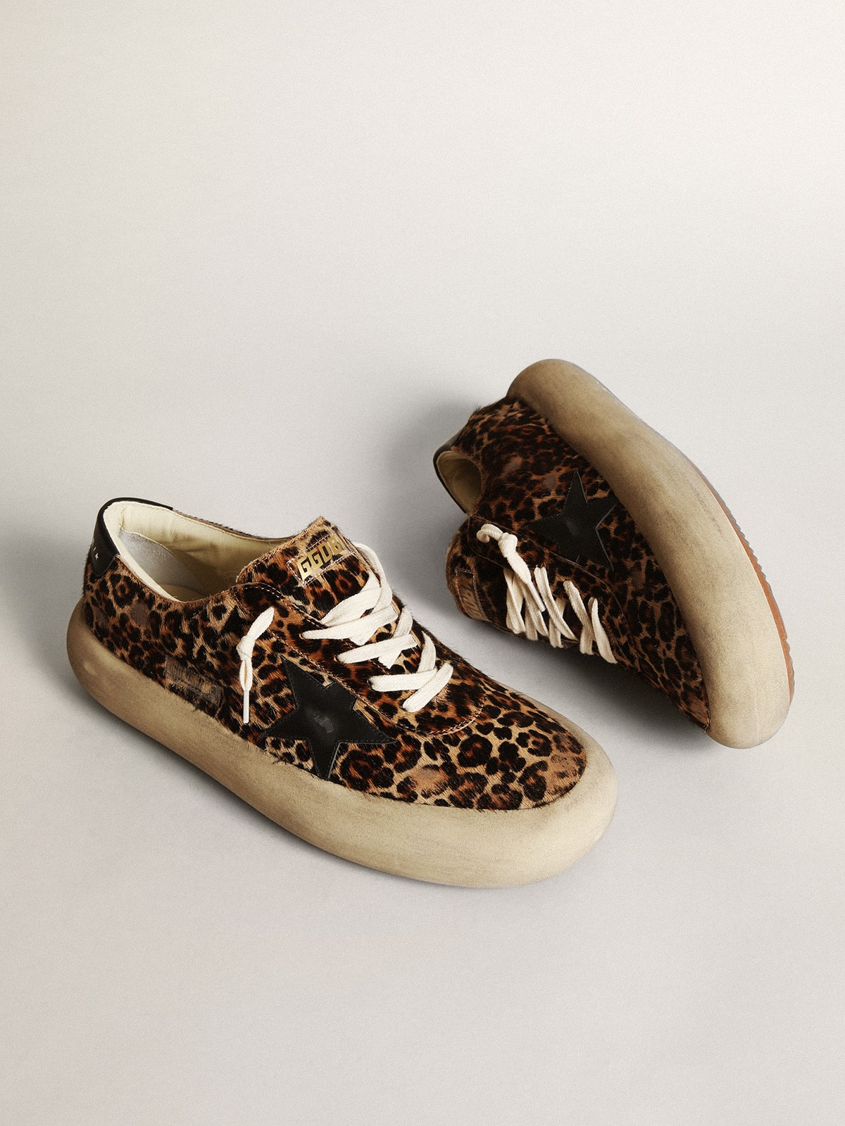 Golden Goose Mens Space-Star In Leopard Print Pony Skin With Black Star And Heel Mens