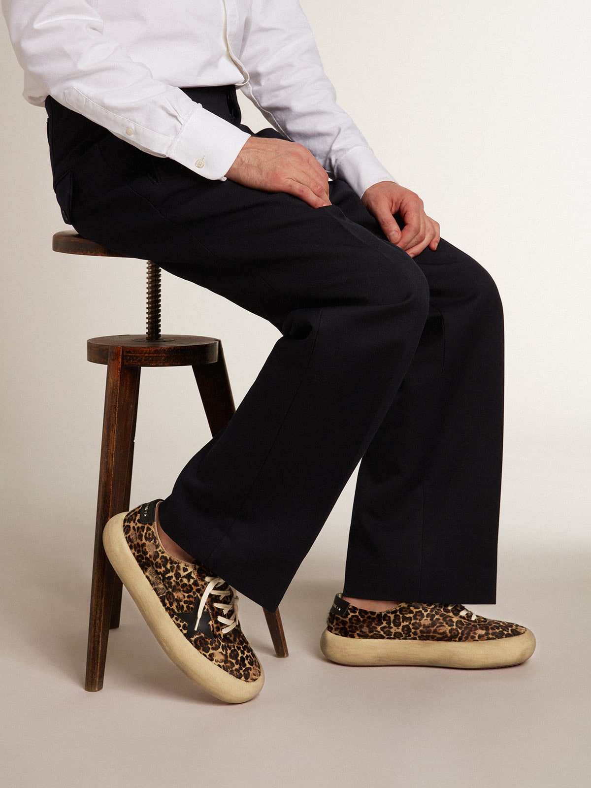 Golden Goose Mens Space-Star In Leopard Print Pony Skin With Black Star And Heel Mens