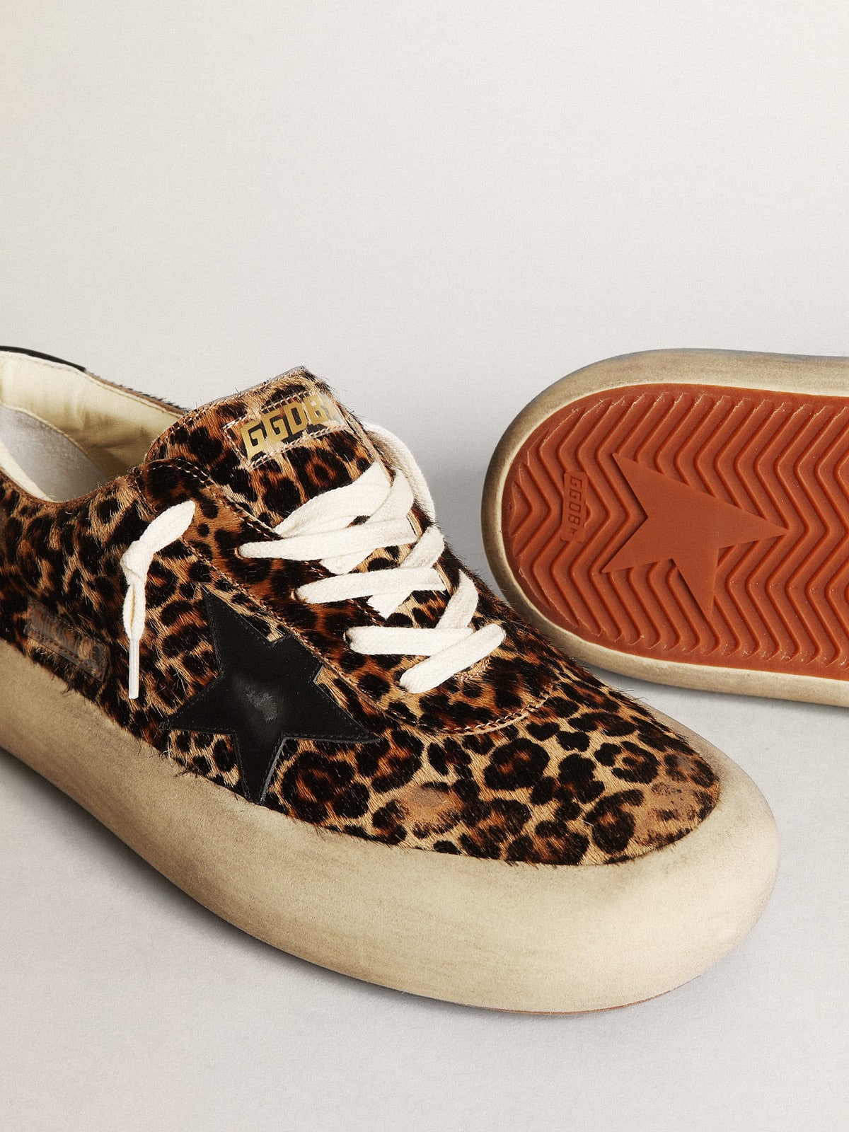 Golden Goose Mens Space-Star In Leopard Print Pony Skin With Black Star And Heel Mens