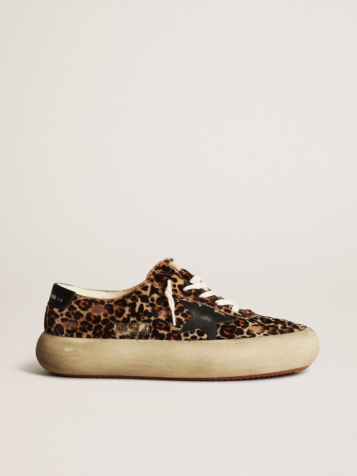 Golden Goose Mens Space-Star In Leopard Print Pony Skin With Black Star And Heel Mens