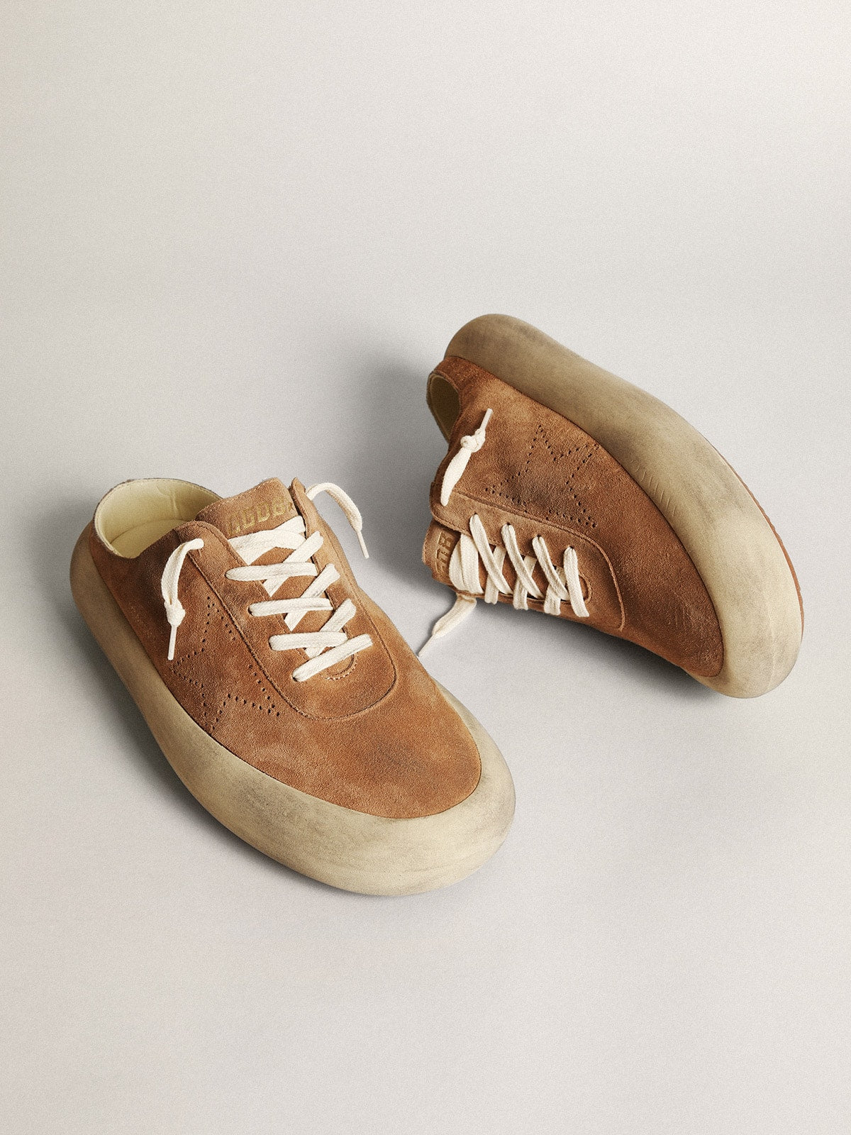 Golden Goose Mens Space-Star Sabots In Tobacco Suede With Perforated Star Mens