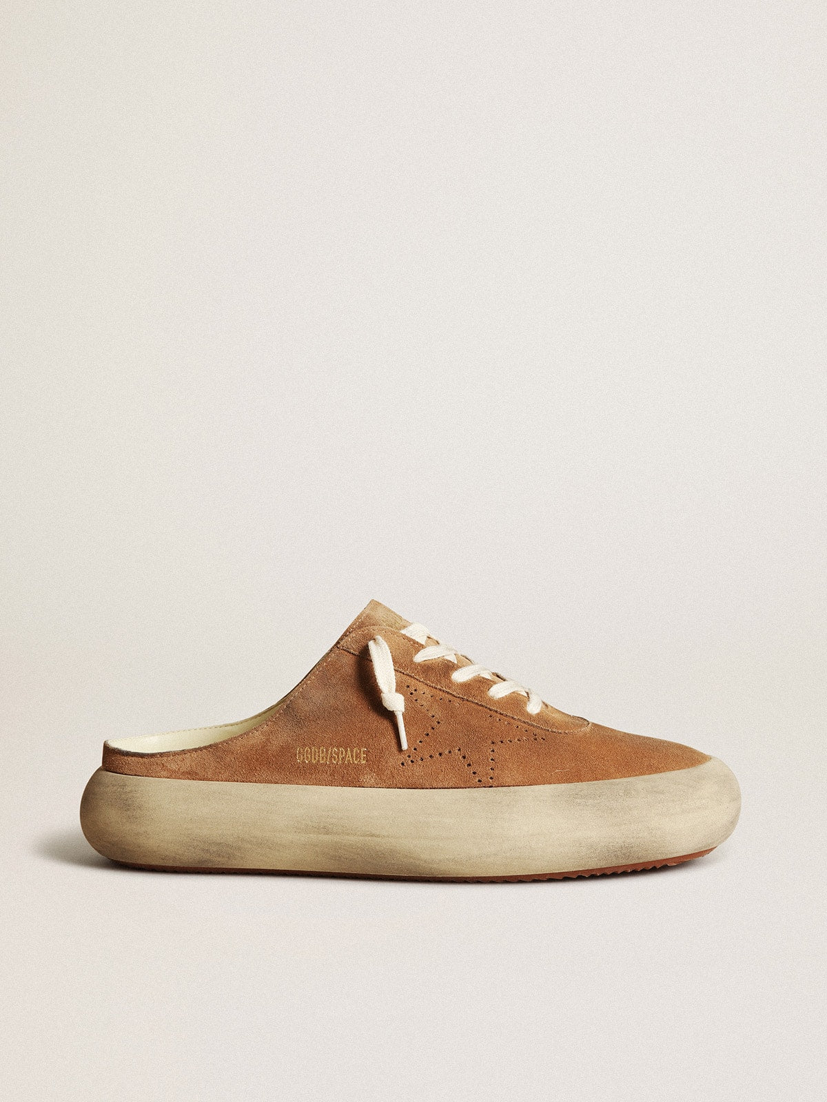 Golden Goose Mens Space-Star Sabots In Tobacco Suede With Perforated Star Mens