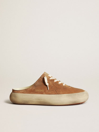 Golden Goose Mens Space-Star Sabots In Tobacco Suede With Perforated Star Mens
