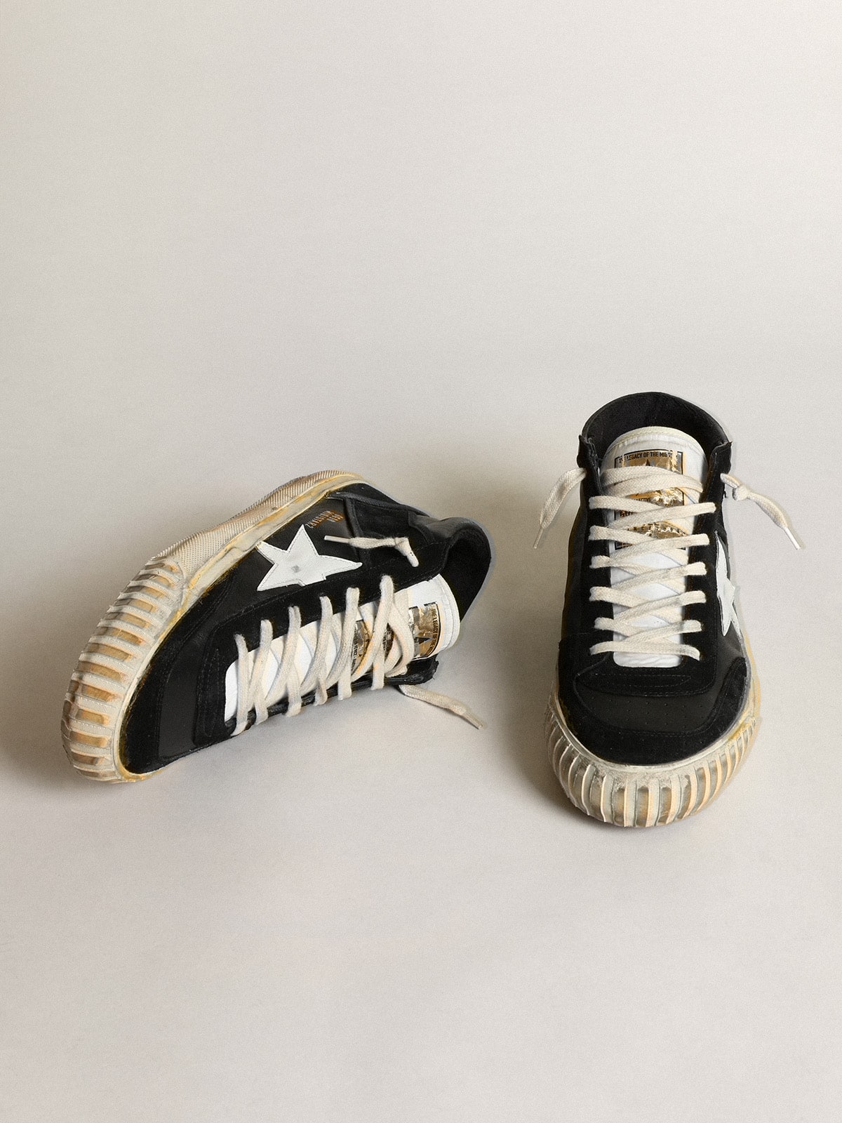 Golden Goose Mens Mid Star In Black Nappa And Suede With White Leather Star Mens