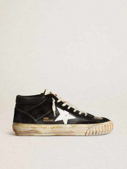 Golden Goose Mens Mid Star In Black Nappa And Suede With White Leather Star Mens