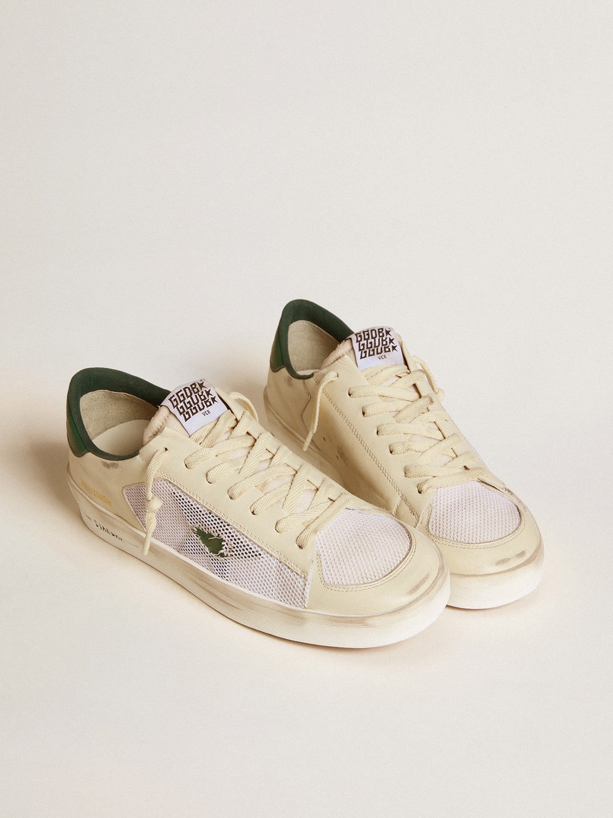 Golden Goose Stardan In White Suede And Mesh With Green Leather Star And Heel Tab Mens