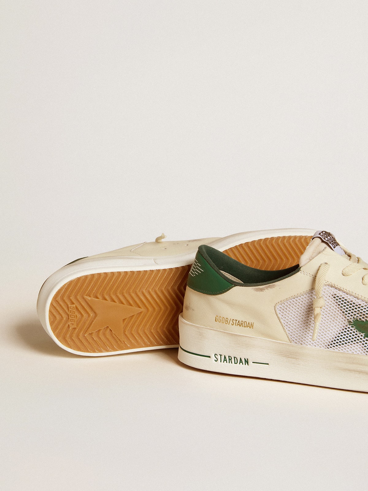 Golden Goose Stardan In White Suede And Mesh With Green Leather Star And Heel Tab Mens