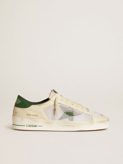 Golden Goose Stardan In White Suede And Mesh With Green Leather Star And Heel Tab Mens