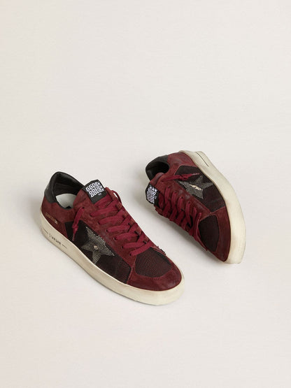 Golden Goose Mens Stardan In Black Mesh And Burgundy Suede With White Leather Star Mens