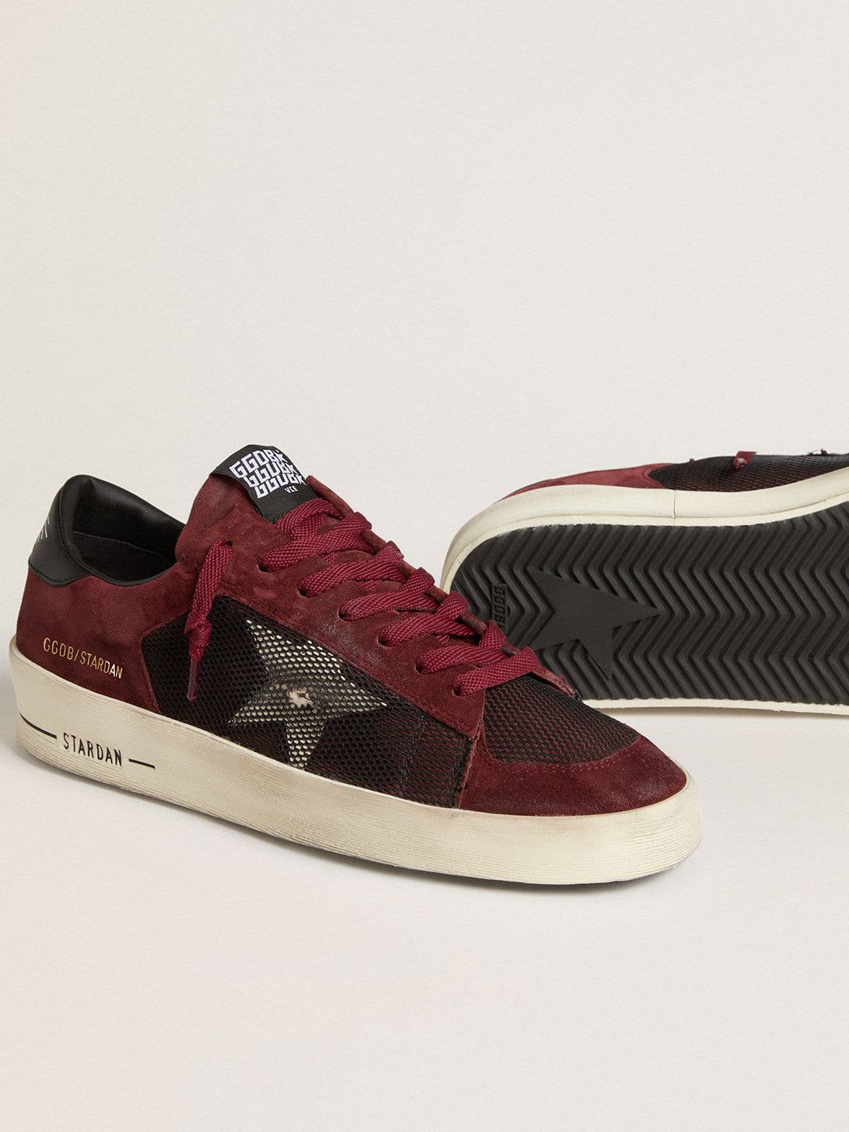 Golden Goose Mens Stardan In Black Mesh And Burgundy Suede With White Leather Star Mens