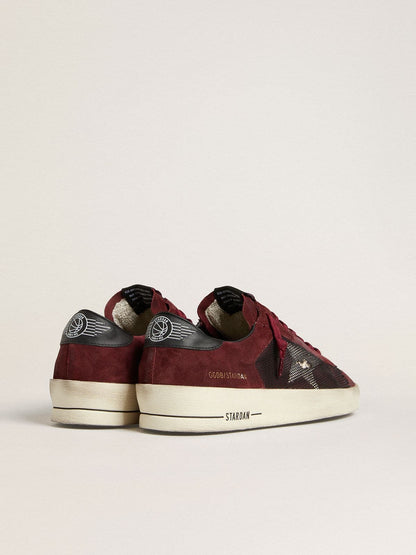 Golden Goose Mens Stardan In Black Mesh And Burgundy Suede With White Leather Star Mens