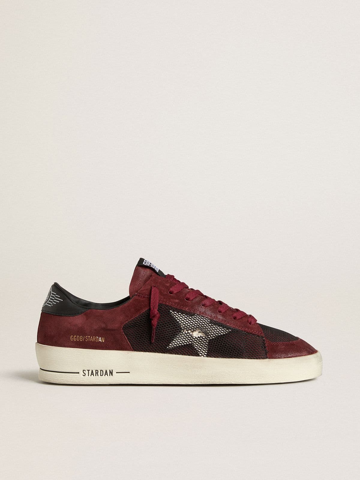 Golden Goose Mens Stardan In Black Mesh And Burgundy Suede With White Leather Star Mens