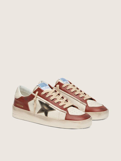 Golden Goose Mens Stardan In White And Brick-Red Leather With Olive-Green Laminated Leather Star Mens