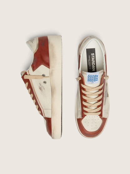 Golden Goose Mens Stardan In White And Brick-Red Leather With Olive-Green Laminated Leather Star Mens