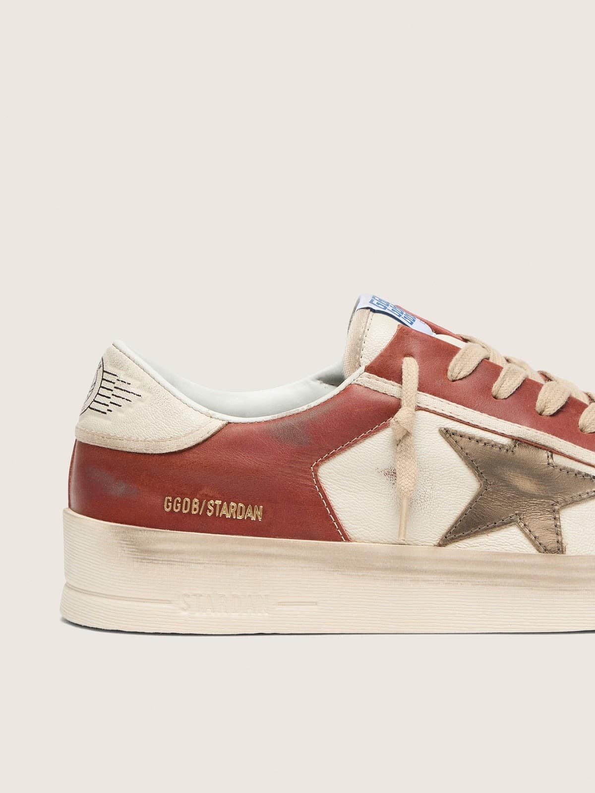 Golden Goose Mens Stardan In White And Brick-Red Leather With Olive-Green Laminated Leather Star Mens