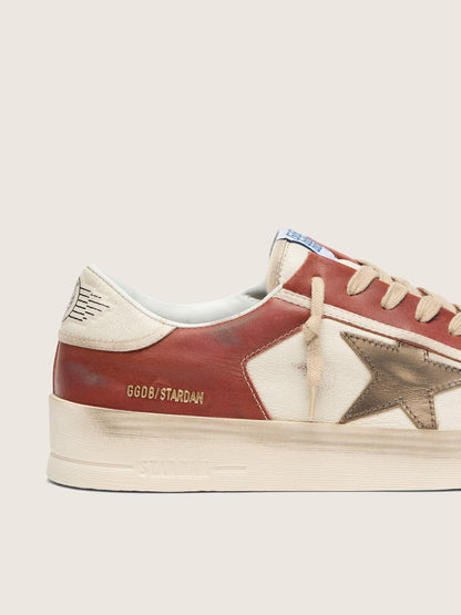 Golden Goose Mens Stardan In White And Brick-Red Leather With Olive-Green Laminated Leather Star Mens