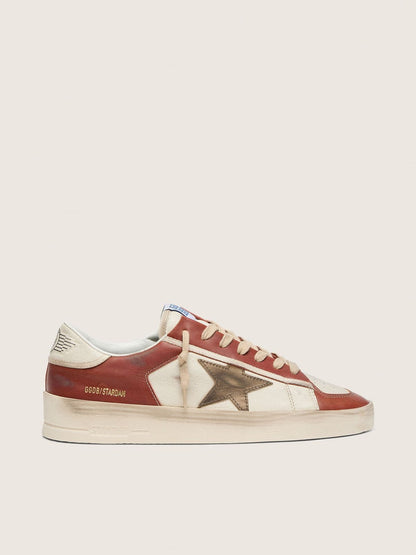 Golden Goose Mens Stardan In White And Brick-Red Leather With Olive-Green Laminated Leather Star Mens
