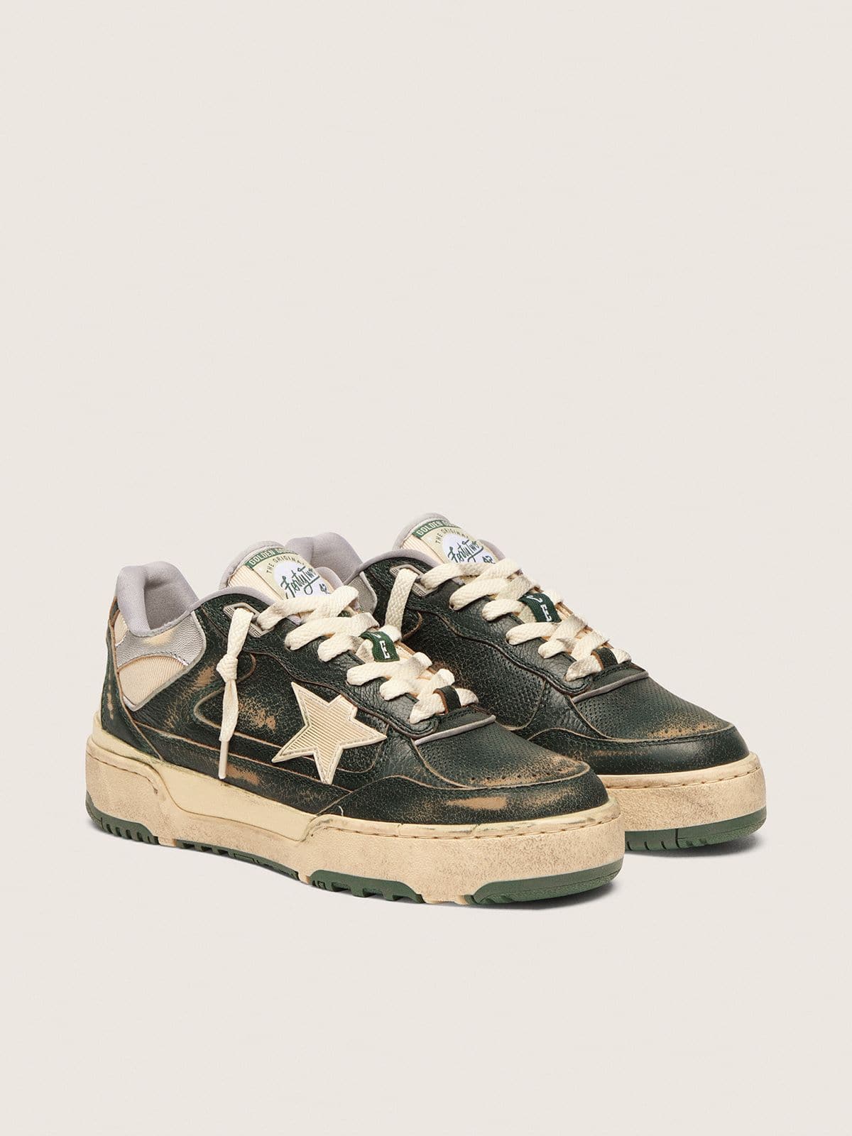 Golden Goose Mens Forty2 In Green Leather And Cream Nylon With Tpu Star And Silver Leather Heel Tab Mens