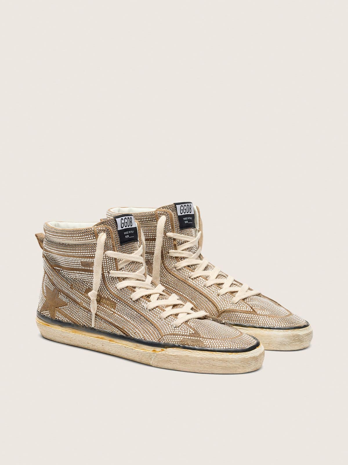 Golden Goose Mens Slide Lab Sneakers In Tobacco-Colored Suede With Crystals And Tobacco-Colored Suede Star Mens