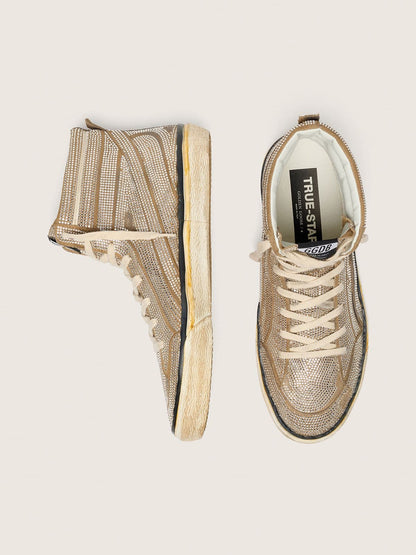 Golden Goose Mens Slide Lab Sneakers In Tobacco-Colored Suede With Crystals And Tobacco-Colored Suede Star Mens