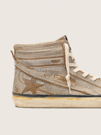 Golden Goose Mens Slide Lab Sneakers In Tobacco-Colored Suede With Crystals And Tobacco-Colored Suede Star Mens