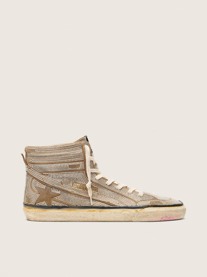 Golden Goose Mens Slide Lab Sneakers In Tobacco-Colored Suede With Crystals And Tobacco-Colored Suede Star Mens