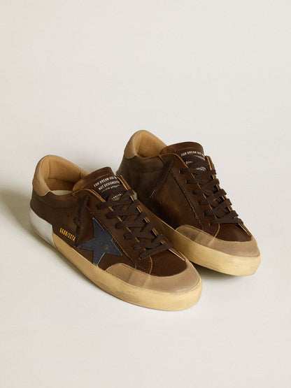 Golden Goose Mens Super-Star In Leather With Blue Leather Star And Beige Nubuck Heel Tab Mens
