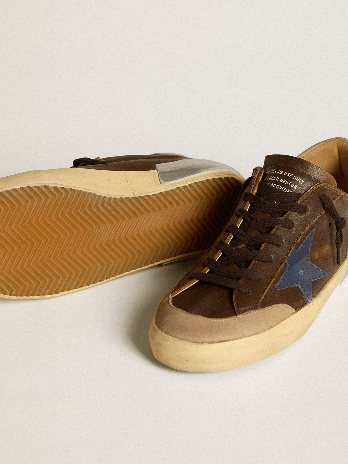 Golden Goose Mens Super-Star In Leather With Blue Leather Star And Beige Nubuck Heel Tab Mens