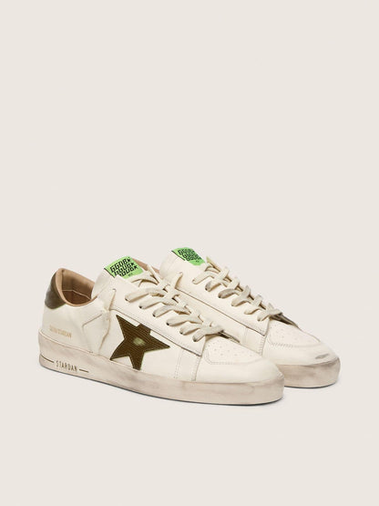 Golden Goose Mens Stardan In White Leather With Military-Green Snake-Print Leather Star And Heel Tab Mens