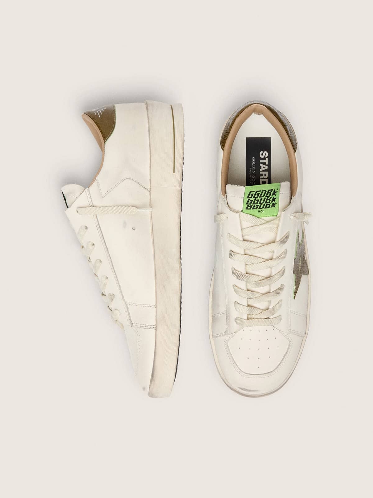 Golden Goose Mens Stardan In White Leather With Military-Green Snake-Print Leather Star And Heel Tab Mens