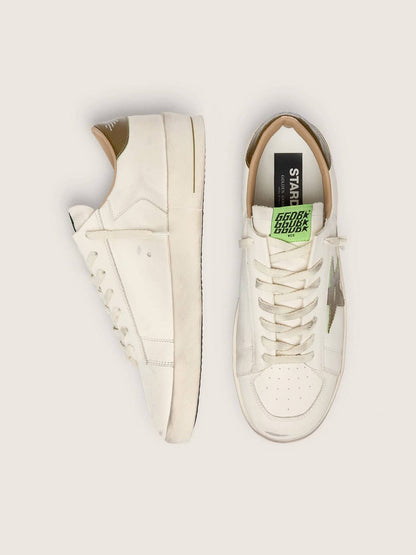 Golden Goose Mens Stardan In White Leather With Military-Green Snake-Print Leather Star And Heel Tab Mens