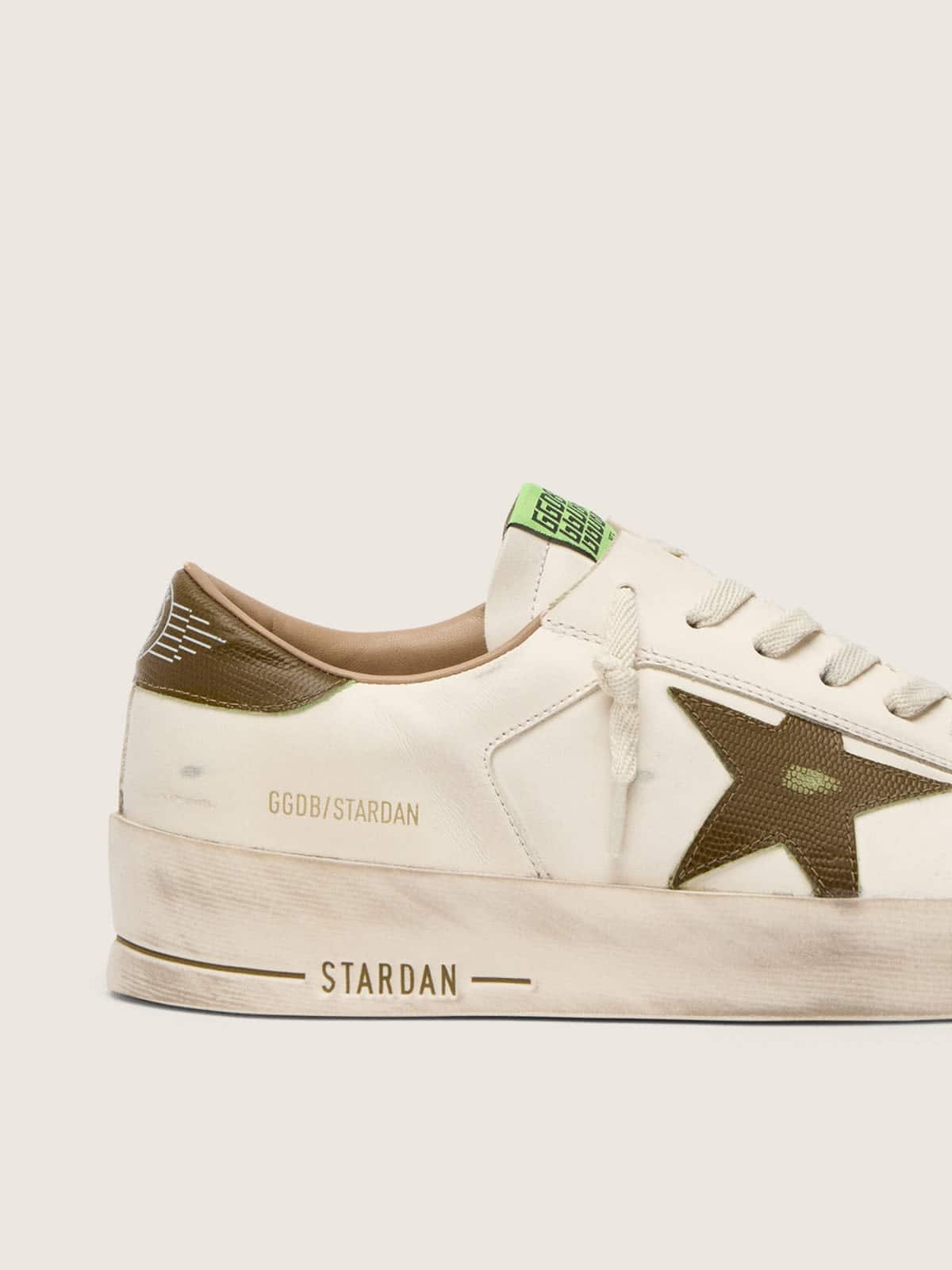 Golden Goose Mens Stardan In White Leather With Military-Green Snake-Print Leather Star And Heel Tab Mens