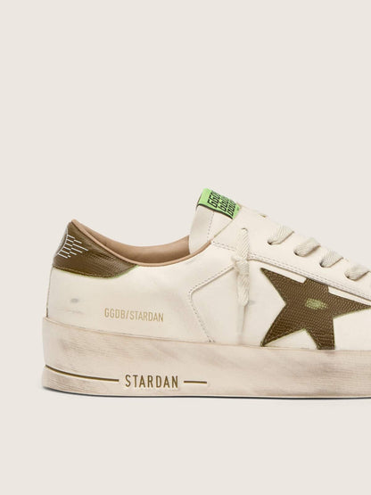 Golden Goose Mens Stardan In White Leather With Military-Green Snake-Print Leather Star And Heel Tab Mens