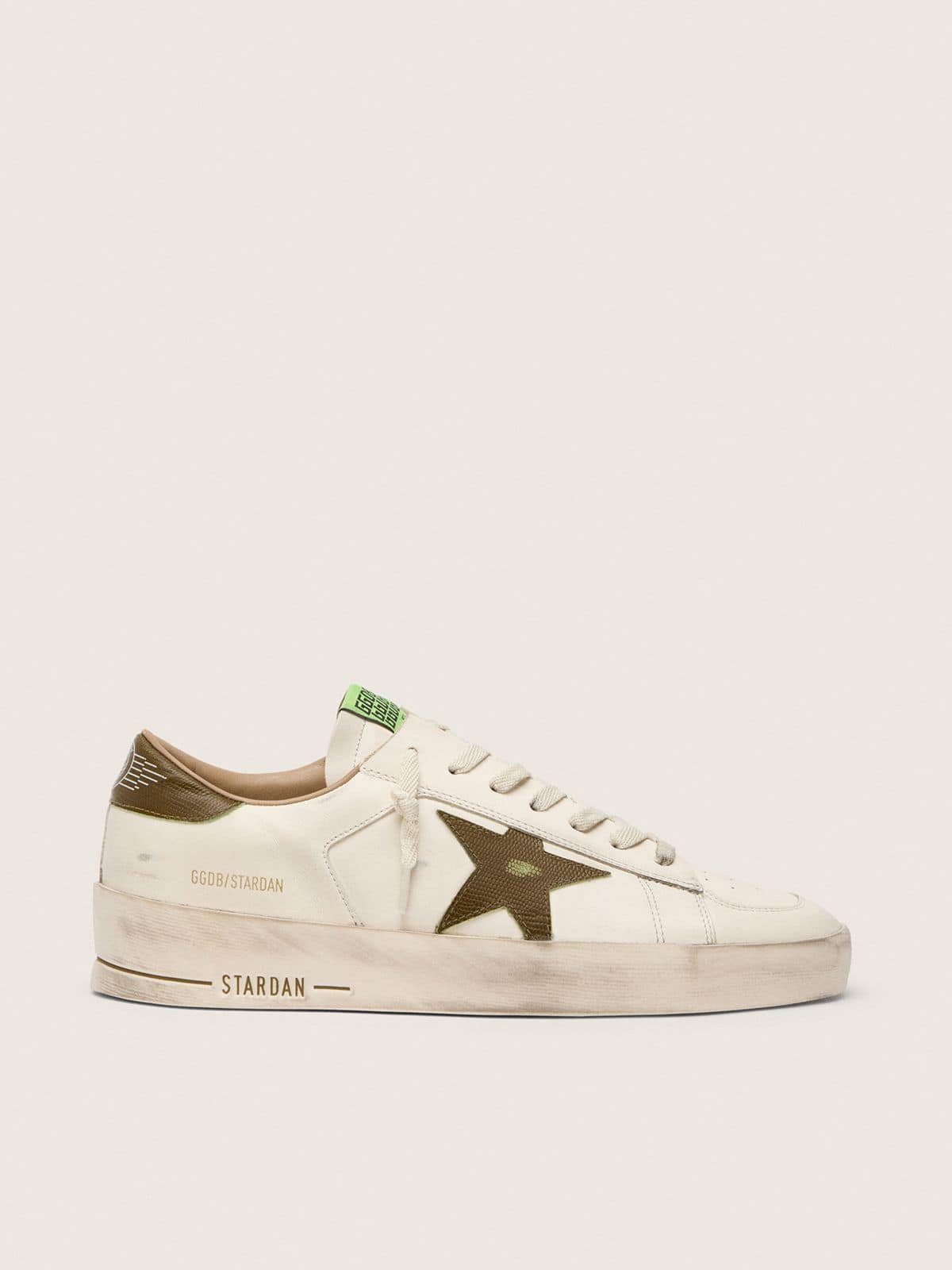 Golden Goose Mens Stardan In White Leather With Military-Green Snake-Print Leather Star And Heel Tab Mens