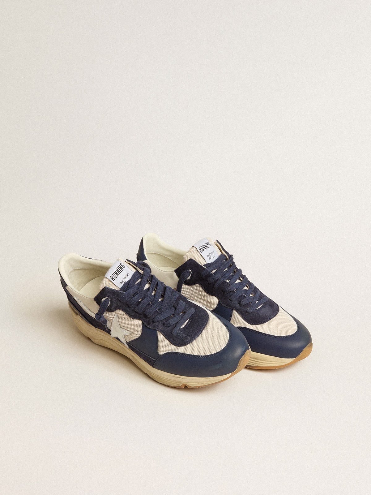 Golden Goose Running Sole In Cream Mesh And Blue Leather With A White Leather Star Mens