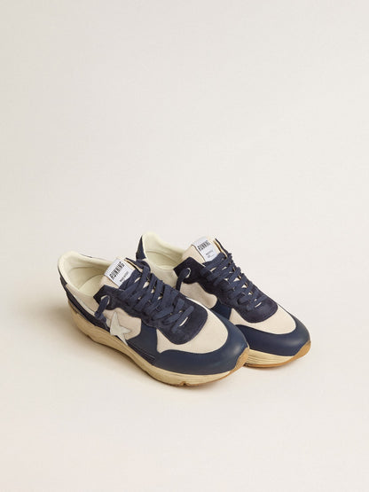 Golden Goose Running Sole In Cream Mesh And Blue Leather With A White Leather Star Mens