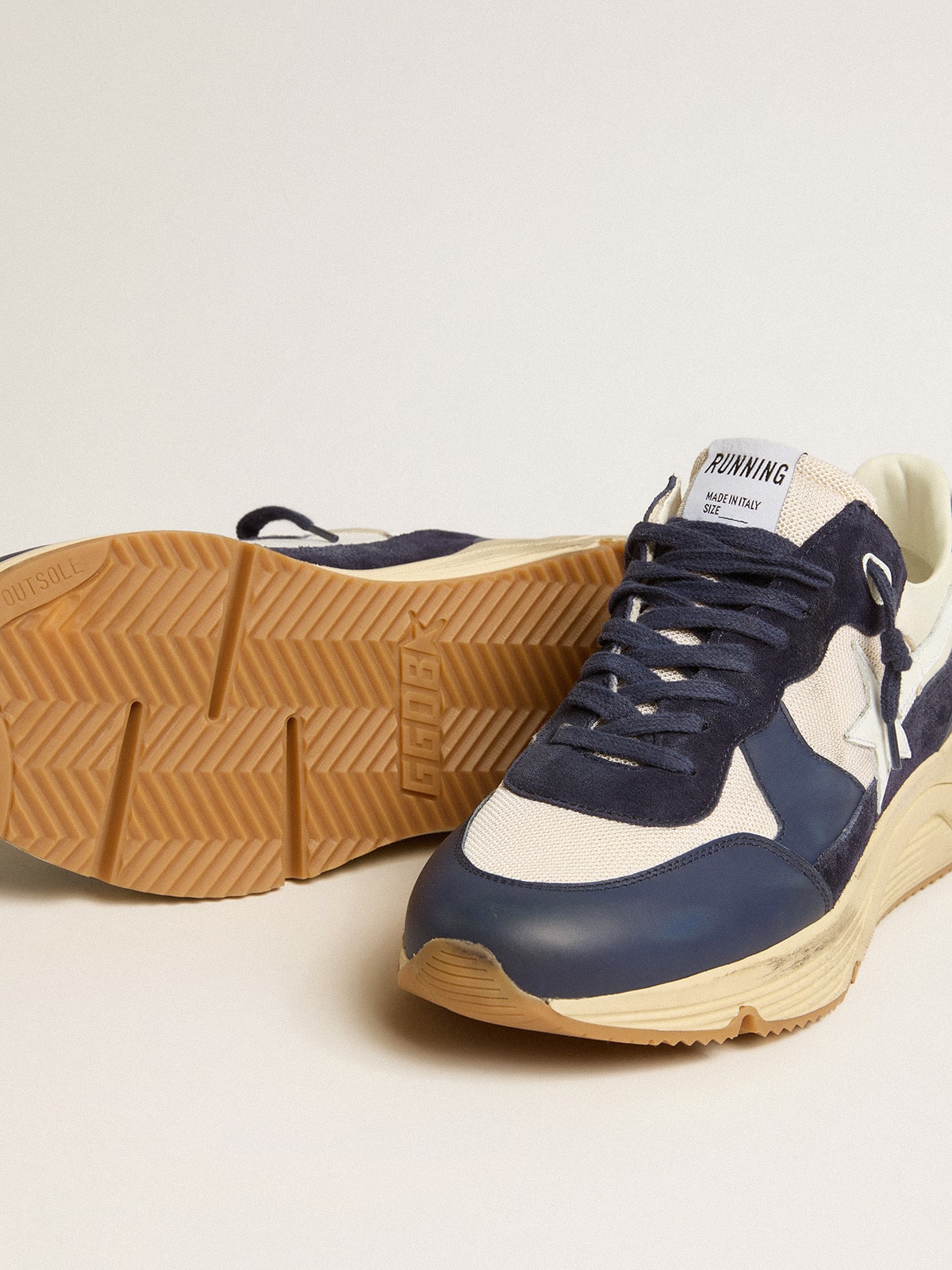 Golden Goose Running Sole In Cream Mesh And Blue Leather With A White Leather Star Mens