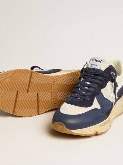 Golden Goose Running Sole In Cream Mesh And Blue Leather With A White Leather Star Mens