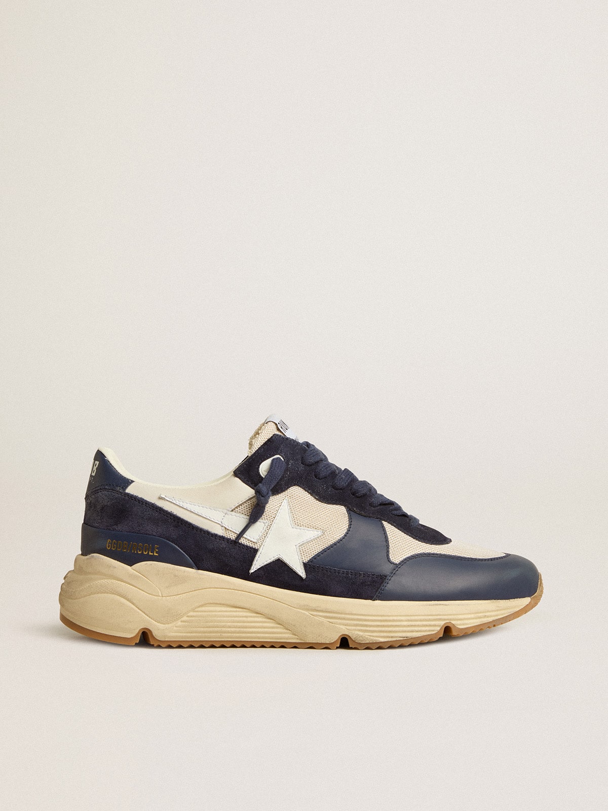 Golden Goose Running Sole In Cream Mesh And Blue Leather With A White Leather Star Mens