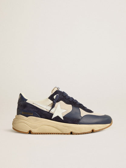 Golden Goose Running Sole In Cream Mesh And Blue Leather With A White Leather Star Mens