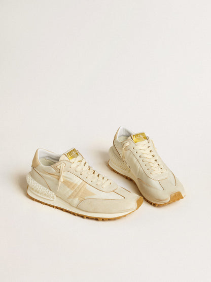 Golden Goose Mens Marathon In Beige Nylon And Gray Leather With Beige Printed Star Mens