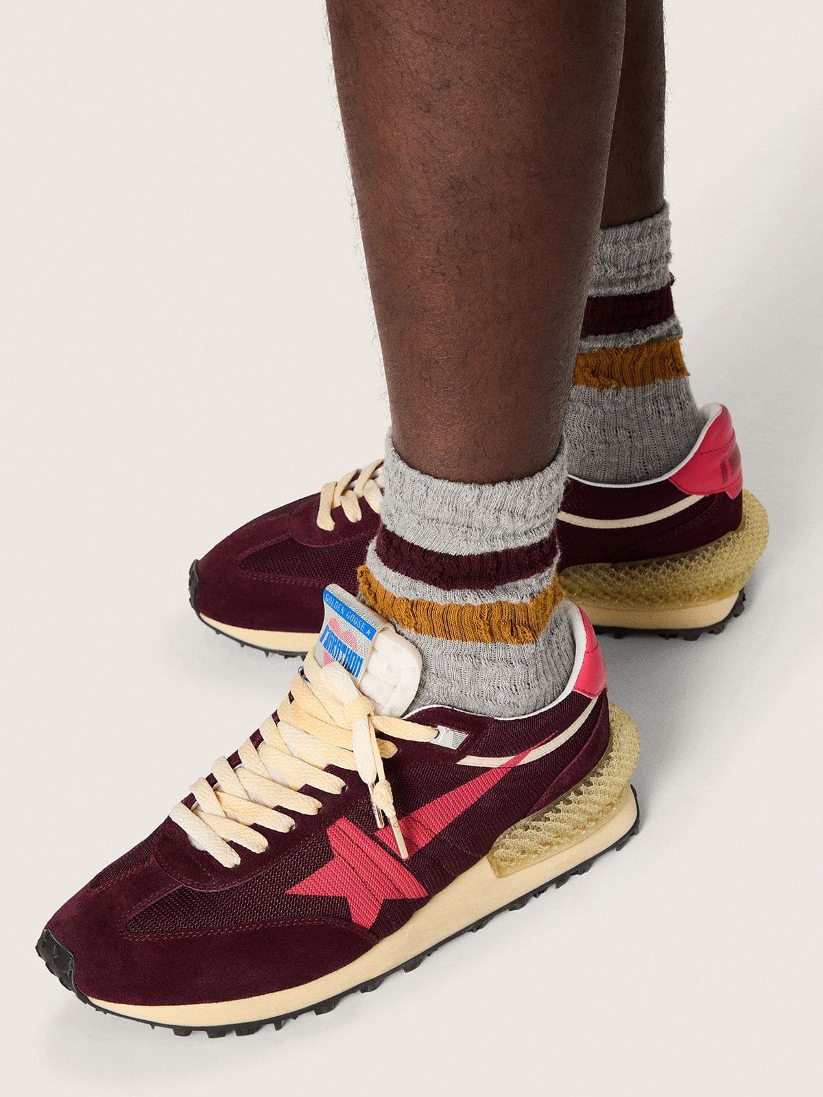 Golden Goose Mens Marathon In Burgundy Mesh And Suede With Printed Pink Star Mens