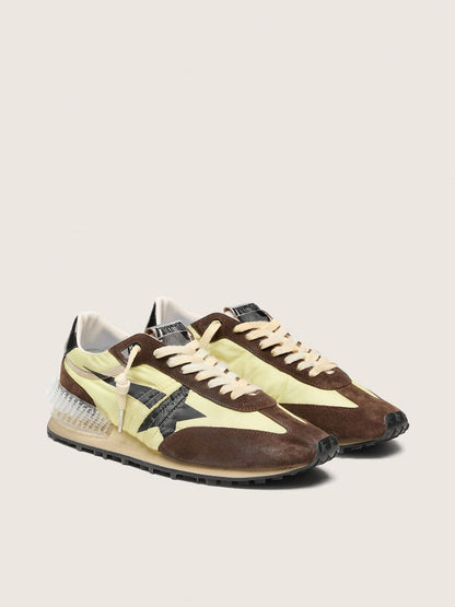 Golden Goose Mens Marathon In Lime-Green Nylon With Black Star And Brown Suede Inserts Mens