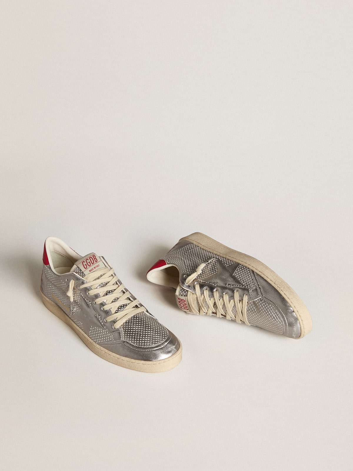 Golden Goose Bio-Based Ball Star In Metallic Silver With Silver Star And Red Heel Tab Mens
