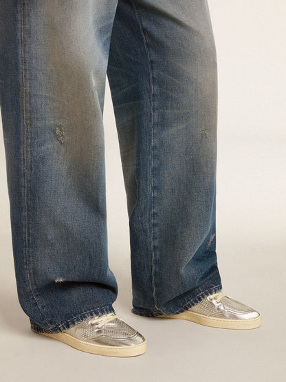 Golden Goose Bio-Based Ball Star In Metallic Silver With Silver Star And Red Heel Tab Mens