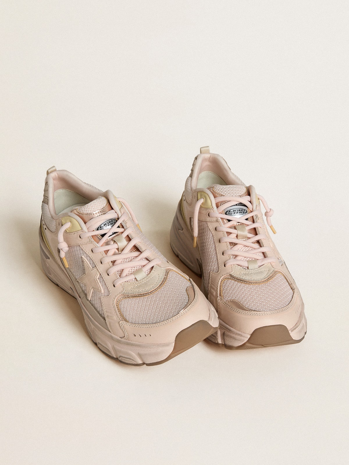 Golden Goose Mens Lightstar With Pink Leather And Mesh Upper And Pink Star Mens