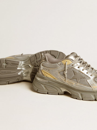 Golden Goose Mens Lightstar In Metallic Leather And Silver Mesh With Gray Star Mens